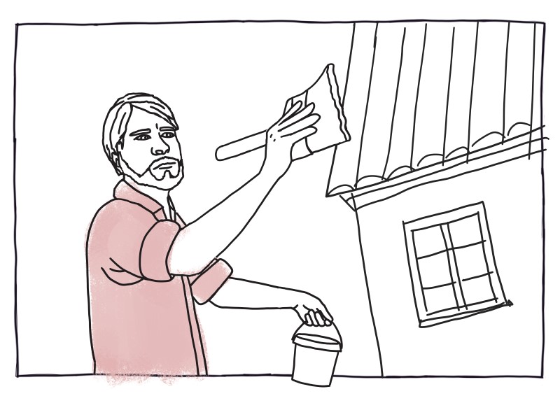 Screenshot of www.howtotartu.ee: autoportrait of the author painting a house. 